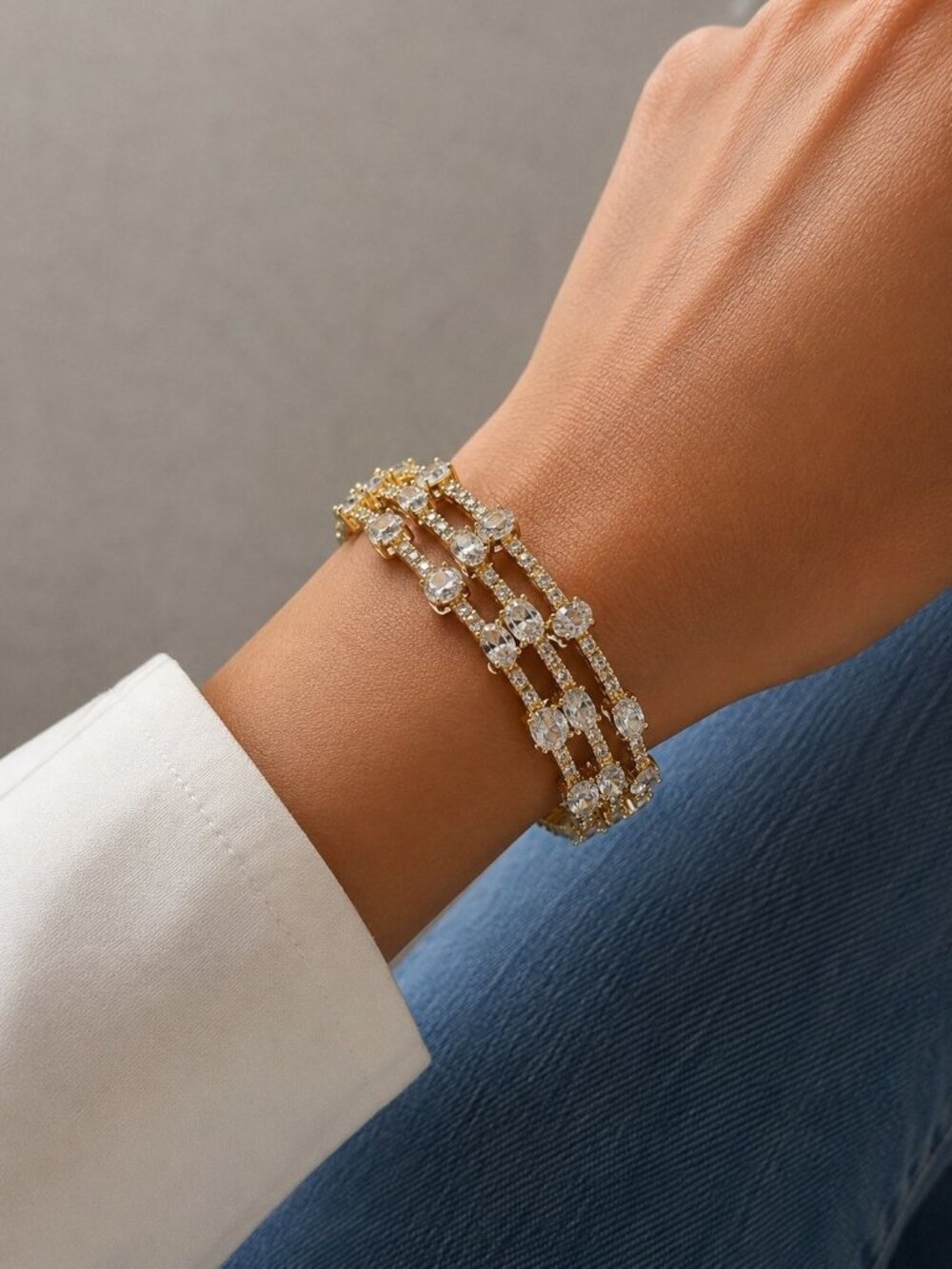 Triple Row Gold Tone Cuff Bracelet With Marquise Cut Crystal Rhinestones
